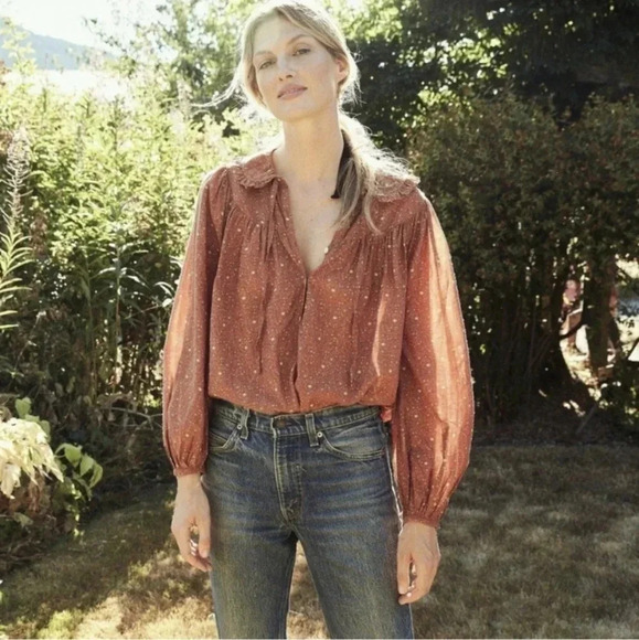 Doen Billie Jean Top Blouse Tamarillo Prairie Paisley Orange Ruffle Small - Picture 2 of 7